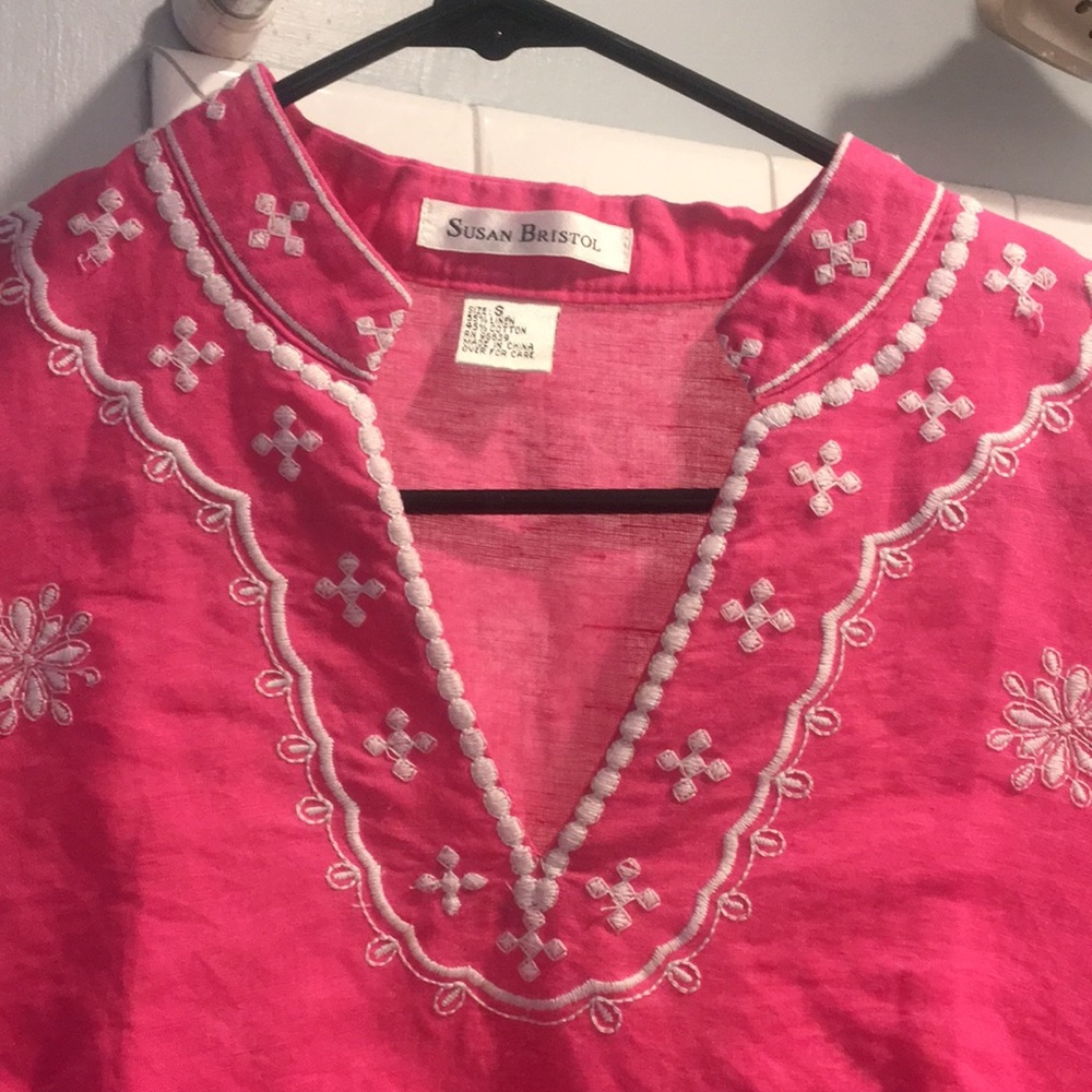 Susan Bristol linen & cotton top. Pink with white embroidery. EUC. Size small. - Picture 3 of 3